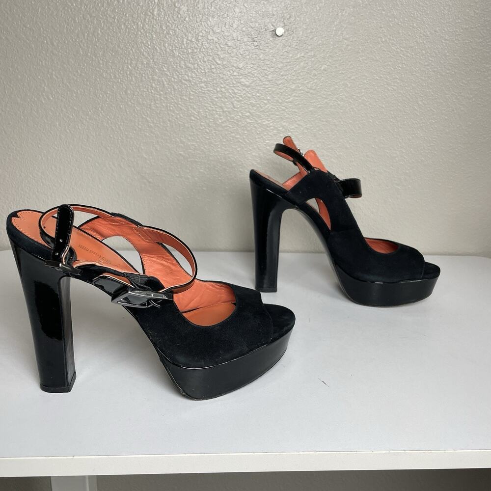 VIA SPIGA Shoes Sz 8 Strappy Open Toe Black Leather Chunky High Heel 5” Party